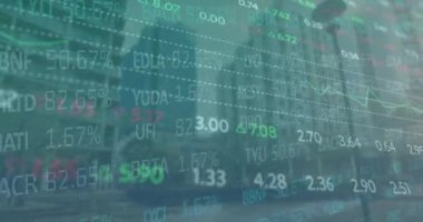 Animation of stock market data processing against tall buildings. Global economy and business technology concept