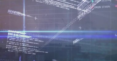 Animation of stock market data processing and blue light trails against aerial view of cityscape. Global economy and business technology concept