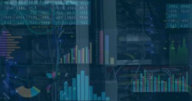 Animation of financial data processing over server room. Global technology, finances and digital interface concept digitally generated video.