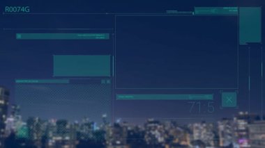 Şehir manzarası üzerinde finansal veri işleme animasyonu. küresel iş, finans ve dijital arayüz kavramı dijital olarak oluşturulmuş video.