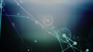 Animation of glowing network of connections and light trails against blue background. Global networking and business technology concept