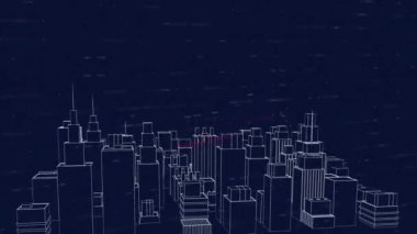 Animation of financial data processing over spinning 3d city model against blue background. Global finance and architectural engineering technology concept
