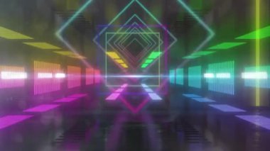 Animation of neon shapes on black background. Global retro future, social media and digital interface concept digitally generated video.