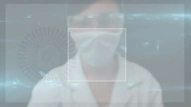 Animation of caucasian woman using touchscreen interface, with charts data processing on interface. Global medical research technology and digital interface concept, digitally generated video.