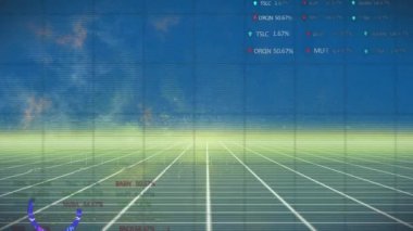 Animation of financial data processing and lines on blue background. Global business, finances and digital interface concept digitally generated video.