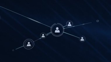 Animation of network of profile icons over blue light trails against black background. Global networking and business technology concept