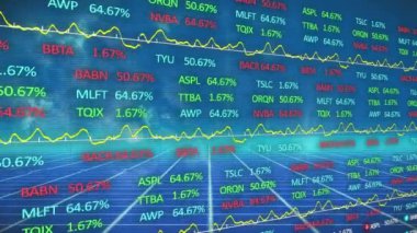 Animation of financial data processing and lines on blue background. Global business, finances and digital interface concept digitally generated video.