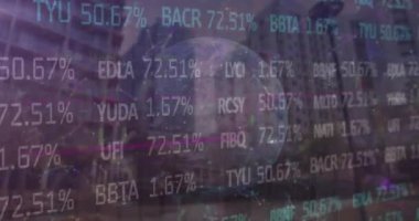 Animation of financial data processing with globe and connections over cityscape. Global business, finances and digital interface concept digitally generated video.