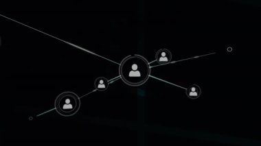 Animation of network of profile icons against black background. Global networking and business technology concept