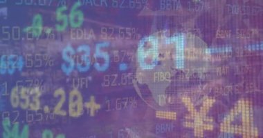 Animation of financial data processing with globe and connections over cityscape. Global business, finances and digital interface concept digitally generated video.