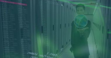 Animation of data processing over caucasian businessman and server room. Global technology, finances and digital interface concept digitally generated video.
