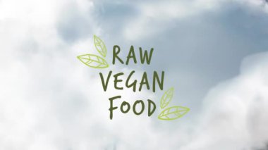 Animation of raw vegan food text over sky with clouds. Global lifestyle, ecology and digital interface concept digitally generated video.