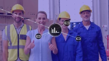 Animation of network of icons over diverse supervisors and workers showing thumbs up at warehouse. Global networking and logistics business technology concept