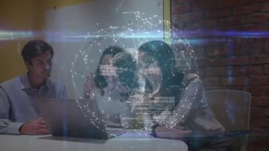 Animation of globe of connections with data processing over diverse business people at office. Global business, connections and digital interface concept digitally generated video.