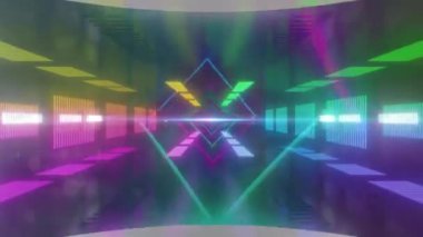 Animation of neon shapes on black background. Global retro future, social media and digital interface concept digitally generated video.