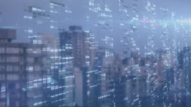 Animation of moving columns over cityscape. Global business, finances and digital interface concept digitally generated video.