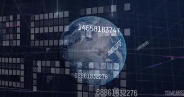 Animation of financial data processing with globe and moving columns on black background. Global business, finances and digital interface concept digitally generated video.