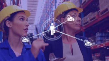 Animation of network of icons on caucasian female supervisor and worker checking stock at warehouse. Global networking and logistics business technology concept
