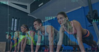 Animation of graphs and changing numbers with currency symbols over caucasian friends doing exercise. Digital composite, multiple exposure, report, business, banking, growth and fitness concept.