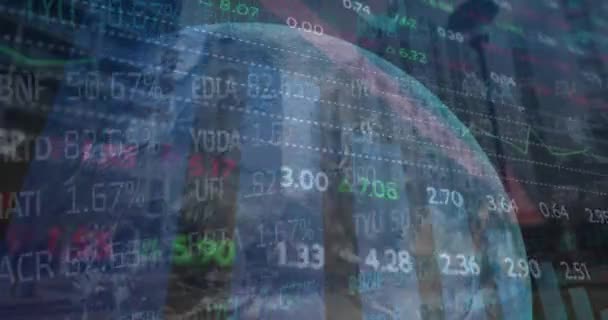 Animace Zpracování Finančních Dat Globem Nad Městem Globální Koncepce Podnikání — Stock video