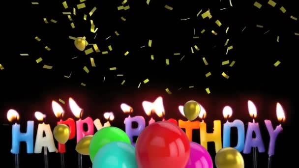Animation Colorful Balloons Floating Golden Confetti Falling Happy Birthday Candles — Vídeos de Stock
