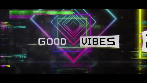 Animation Good Vibes Text Neon Shapes Black Background Global Retro — Stock Video