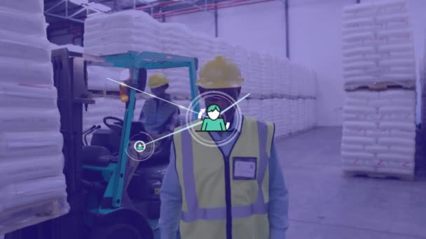 Animation Network Profile Icons African American Male Worker Smiling Warehouse — Αρχείο Βίντεο