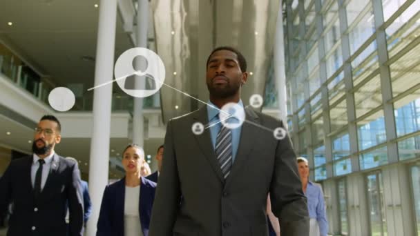 Animation Network Connections Icons Diverse Business People Working Office Global — Vídeo de stock