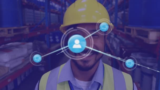 Animation Network Digital Icons Portrait Asian Male Worker Smiling Warehouse — Stockvideo