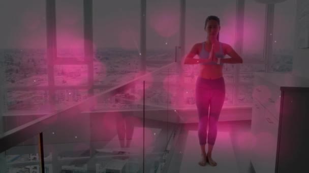 Animation Pink Glowing Spots Asian Fit Woman Practicing Yoga Home — Wideo stockowe
