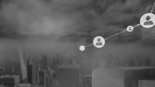 Animation Icons Connected Lines Fog Modern Cityscape Background Digital Composite — Vídeo de Stock