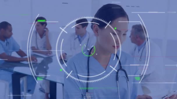 Animation Interference Scope Scanning Diverse Doctors Hospital Global Medicine Healthcare — Vídeo de Stock