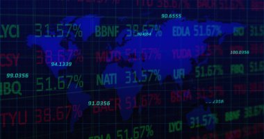 Image of statistics and financial data processing over world map. global finances, business and data processing concept digitally generated image.
