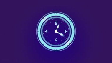 Animation of neon ticking clock against blue gradient background. Computer interface and business technology concept