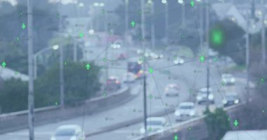 Animation of financial data processing over cityscape. Global business, finances, computing and data processing concept digitally generated video.