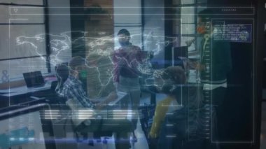 Animation of world map with data processing over diverse business people having meeting at office. Global business, finances and digital interface concept digitally generated video.