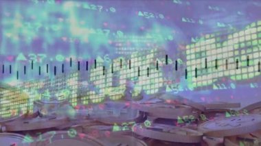 Animation of financial data processing over coins with yen symbol. Global business, finances and digital interface concept digitally generated video.