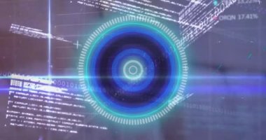 Animation of illuminated circles over trading board, binary codes, graphs and computer language. Digitally generated, hologram, coding, report, business, stock market and technology concept.