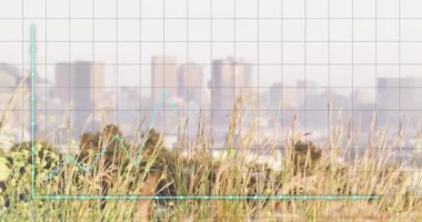 Animation of financial data processing over cityscape. Global business, finances, computing and data processing concept digitally generated video.