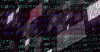 Dünya haritasında kara fon üzerinden borsa veri işleme animasyonu. Küresel ekonomi ve iş teknolojisi kavramı