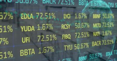 Animation of stock market data processing over globe against grey background. Global economy and business technology concept