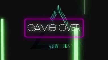 Animation of game over text over neon shapes on black background. Global retro future, social media and digital interface concept digitally generated video.