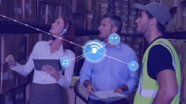 Animation of network of profiles over team of supervisors and workers checking stock at warehouse. Global networking and logistics business technology concept