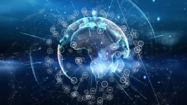 Animation of globe with icons and data processing on black background. Global business, finances and digital interface concept digitally generated video.