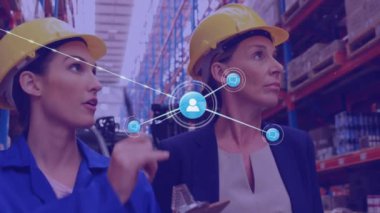 Animation of network of icons on caucasian female supervisor and worker checking stock at warehouse. Global networking and logistics business technology concept