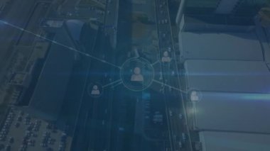 Animation of network of profile icons and blue light trails against aerial view of cityscape. Global networking and business technology concept