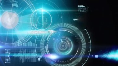 Animation of round scanners, data processing and light spots against black background. Computer interface and business technology concept