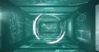 Animation of round scanner spinning against screens with medical data processing on green background. Computer interface and medical research technology concept