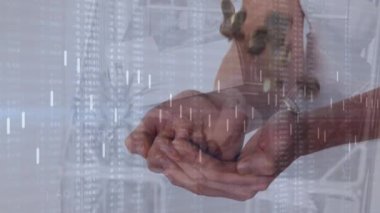Animation of financial data processing over hands holding coins. Global business, finances and digital interface concept digitally generated video.