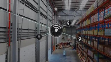 Animation of network of connections with icons over warehouse. Global shipping, connections and delivery concept digitally generated video.